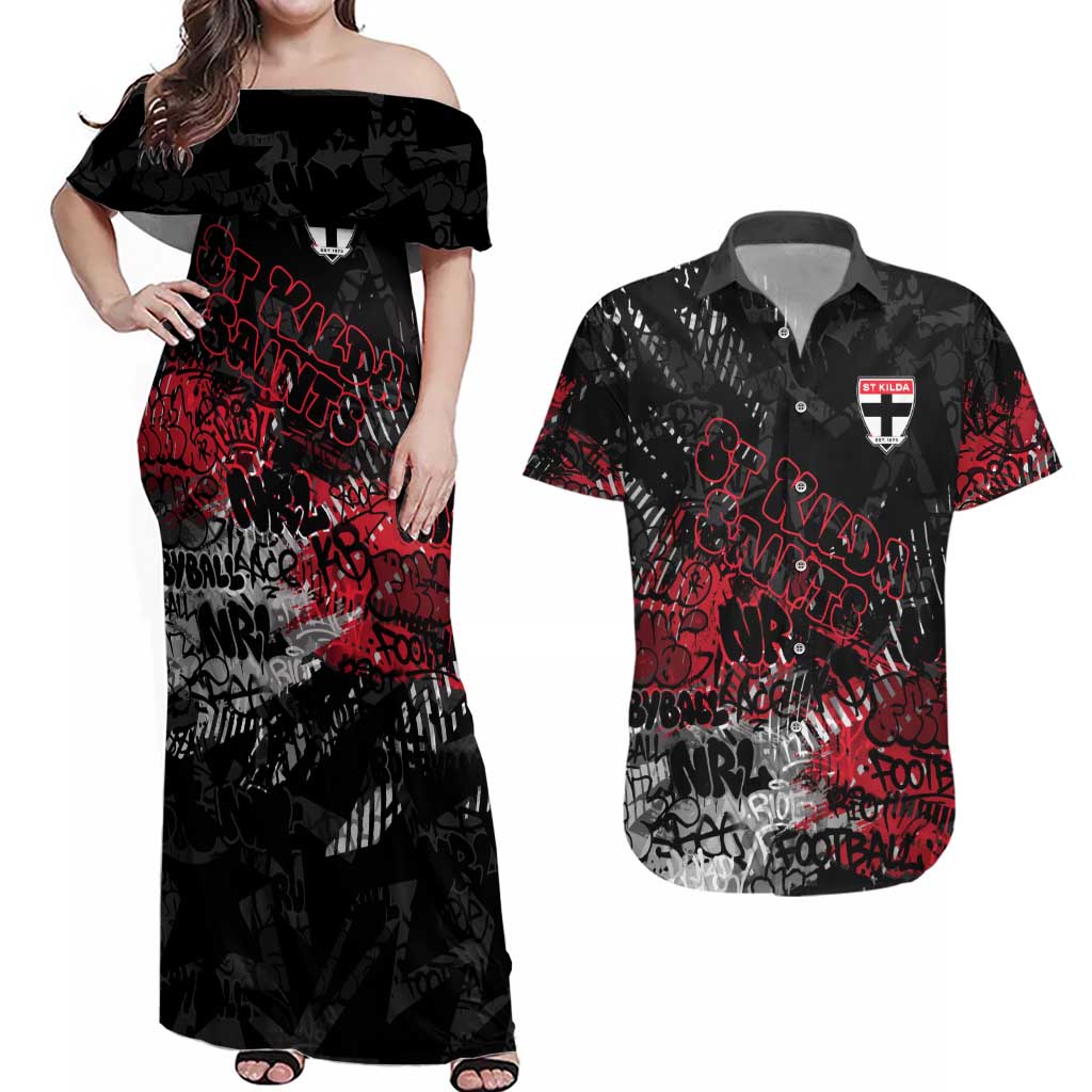 St Kilda Saints Couples Matching Off Shoulder Maxi Dress and Hawaiian Shirt Urban Graffiti Street Art - Bold Abstract Spray Paint