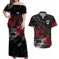 St Kilda Saints Couples Matching Off Shoulder Maxi Dress and Hawaiian Shirt Urban Graffiti Street Art - Bold Abstract Spray Paint