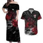 St Kilda Saints Couples Matching Off Shoulder Maxi Dress and Hawaiian Shirt Urban Graffiti Street Art - Bold Abstract Spray Paint