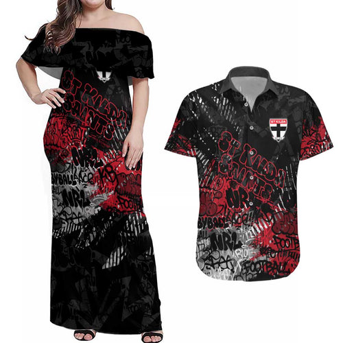 St Kilda Saints Couples Matching Off Shoulder Maxi Dress and Hawaiian Shirt Urban Graffiti Street Art - Bold Abstract Spray Paint