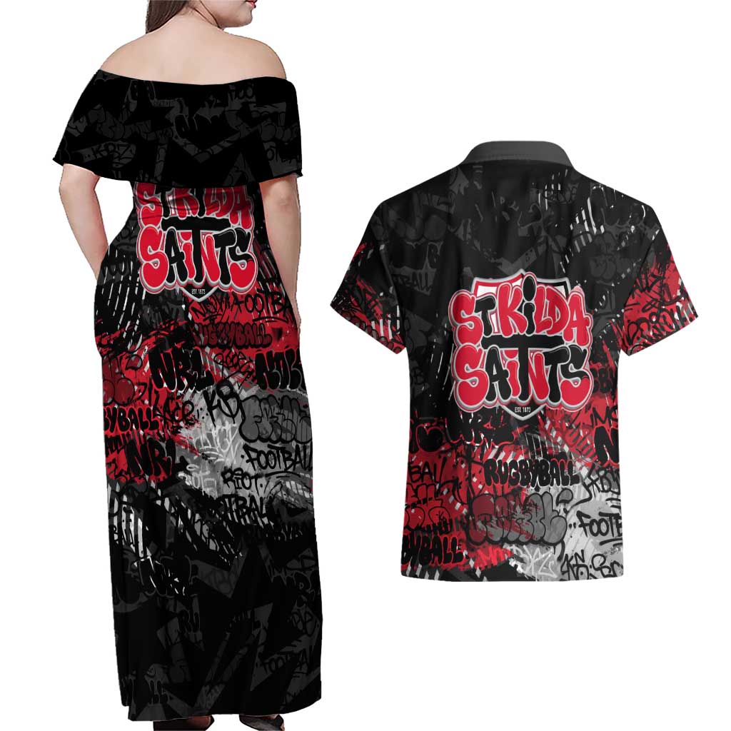St Kilda Saints Couples Matching Off Shoulder Maxi Dress and Hawaiian Shirt Urban Graffiti Street Art - Bold Abstract Spray Paint