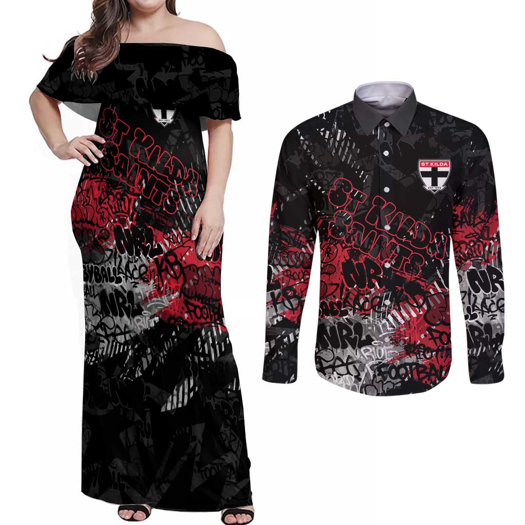 St Kilda Saints Couples Matching Off Shoulder Maxi Dress and Long Sleeve Button Shirt Urban Graffiti Street Art - Bold Abstract Spray Paint