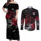 St Kilda Saints Couples Matching Off Shoulder Maxi Dress and Long Sleeve Button Shirt Urban Graffiti Street Art - Bold Abstract Spray Paint
