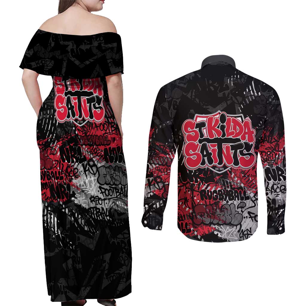 St Kilda Saints Couples Matching Off Shoulder Maxi Dress and Long Sleeve Button Shirt Urban Graffiti Street Art - Bold Abstract Spray Paint