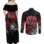 St Kilda Saints Couples Matching Off Shoulder Maxi Dress and Long Sleeve Button Shirt Urban Graffiti Street Art - Bold Abstract Spray Paint
