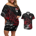 St Kilda Saints Couples Matching Off Shoulder Short Dress and Hawaiian Shirt Urban Graffiti Street Art - Bold Abstract Spray Paint