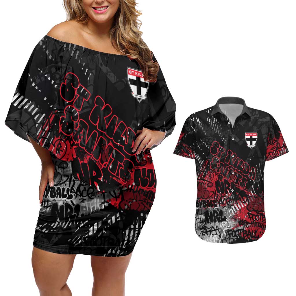 St Kilda Saints Couples Matching Off Shoulder Short Dress and Hawaiian Shirt Urban Graffiti Street Art - Bold Abstract Spray Paint