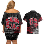 St Kilda Saints Couples Matching Off Shoulder Short Dress and Hawaiian Shirt Urban Graffiti Street Art - Bold Abstract Spray Paint