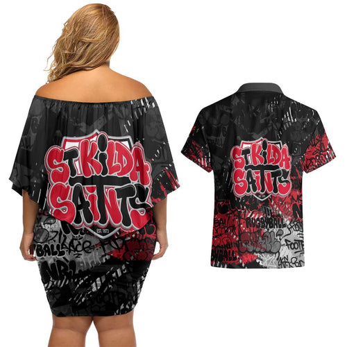 St Kilda Saints Couples Matching Off Shoulder Short Dress and Hawaiian Shirt Urban Graffiti Street Art - Bold Abstract Spray Paint