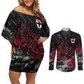 St Kilda Saints Couples Matching Off Shoulder Short Dress and Long Sleeve Button Shirt Urban Graffiti Street Art - Bold Abstract Spray Paint