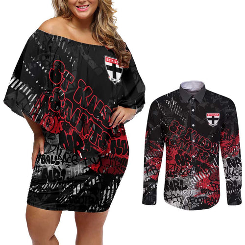 St Kilda Saints Couples Matching Off Shoulder Short Dress and Long Sleeve Button Shirt Urban Graffiti Street Art - Bold Abstract Spray Paint
