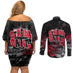 St Kilda Saints Couples Matching Off Shoulder Short Dress and Long Sleeve Button Shirt Urban Graffiti Street Art - Bold Abstract Spray Paint