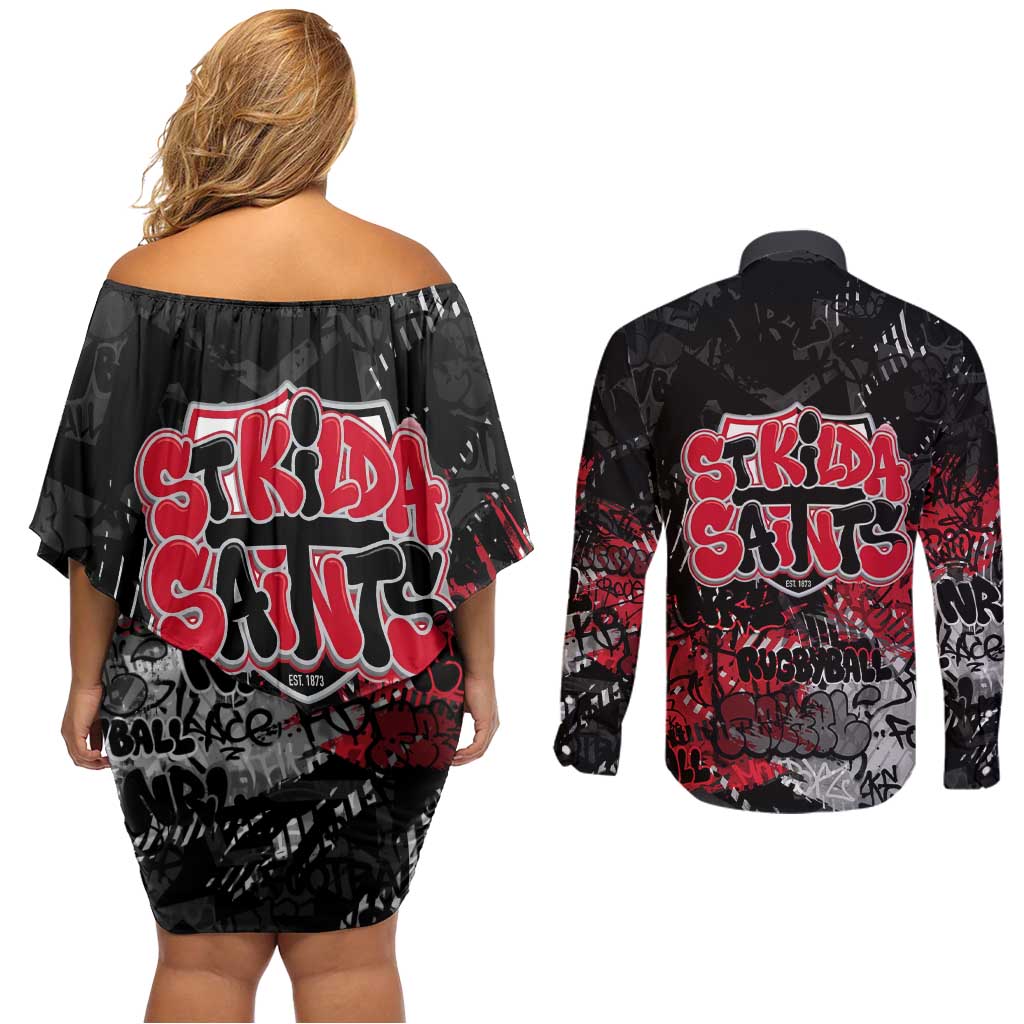 St Kilda Saints Couples Matching Off Shoulder Short Dress and Long Sleeve Button Shirt Urban Graffiti Street Art - Bold Abstract Spray Paint