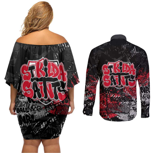 St Kilda Saints Couples Matching Off Shoulder Short Dress and Long Sleeve Button Shirt Urban Graffiti Street Art - Bold Abstract Spray Paint