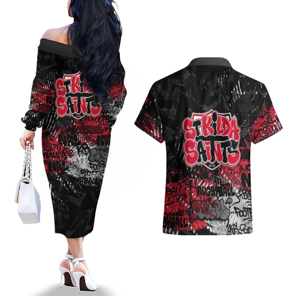 St Kilda Saints Couples Matching Off The Shoulder Long Sleeve Dress and Hawaiian Shirt Urban Graffiti Street Art - Bold Abstract Spray Paint