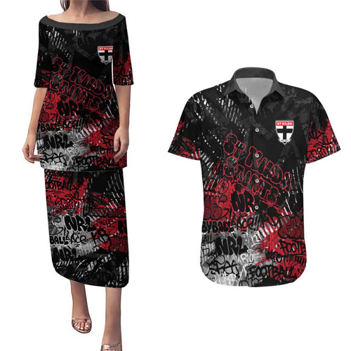 St Kilda Saints Couples Matching Puletasi and Hawaiian Shirt Urban Graffiti Street Art - Bold Abstract Spray Paint