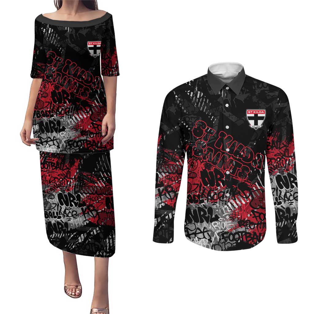 St Kilda Saints Couples Matching Puletasi and Long Sleeve Button Shirt Urban Graffiti Street Art - Bold Abstract Spray Paint