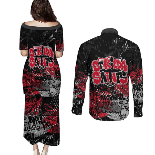 St Kilda Saints Couples Matching Puletasi and Long Sleeve Button Shirt Urban Graffiti Street Art - Bold Abstract Spray Paint