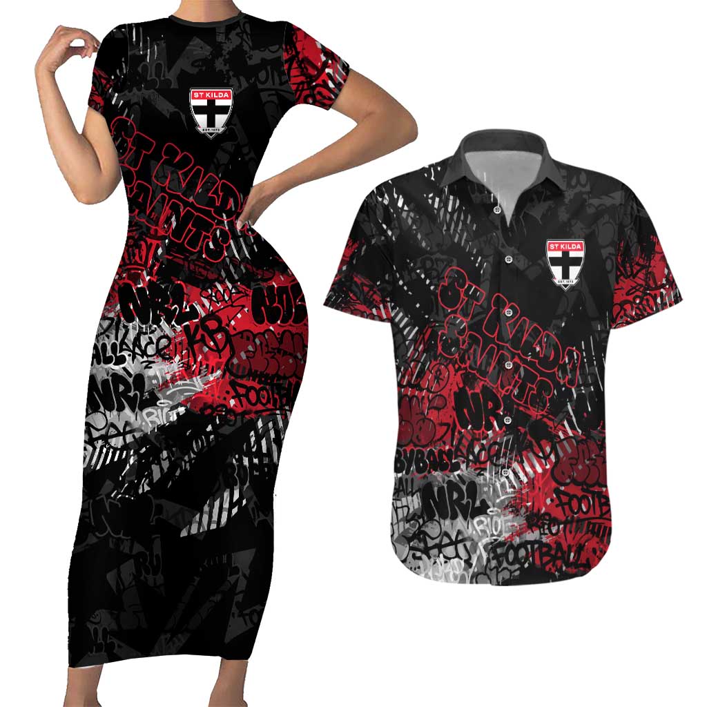 St Kilda Saints Couples Matching Short Sleeve Bodycon Dress and Hawaiian Shirt Urban Graffiti Street Art - Bold Abstract Spray Paint