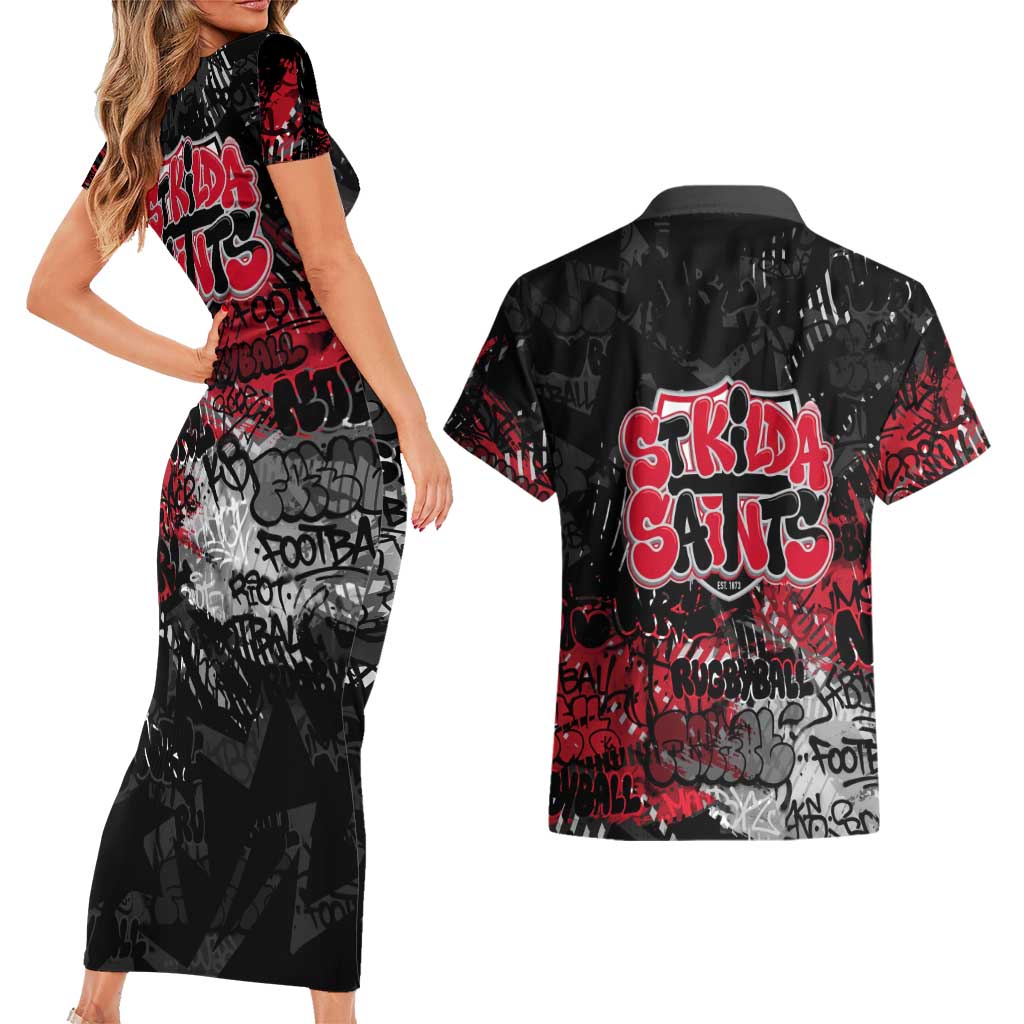 St Kilda Saints Couples Matching Short Sleeve Bodycon Dress and Hawaiian Shirt Urban Graffiti Street Art - Bold Abstract Spray Paint