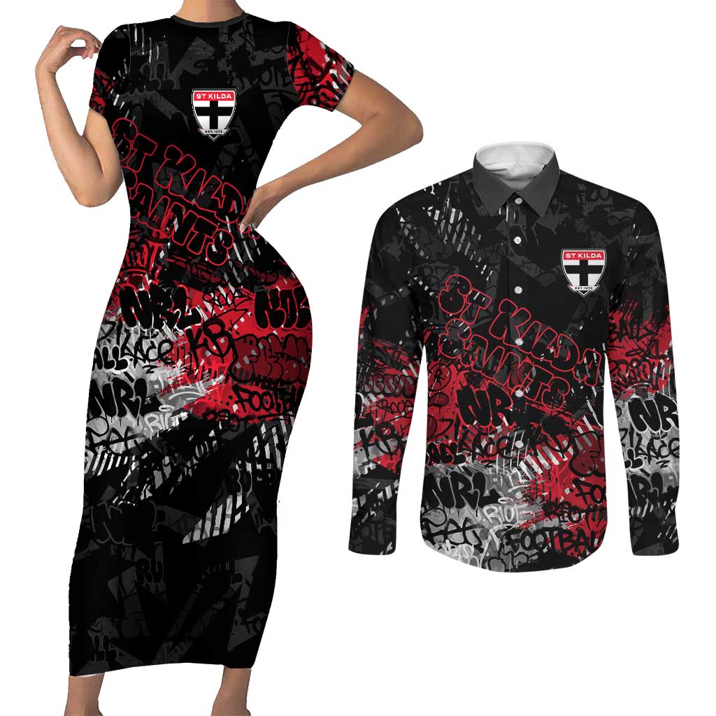 St Kilda Saints Couples Matching Short Sleeve Bodycon Dress and Long Sleeve Button Shirt Urban Graffiti Street Art - Bold Abstract Spray Paint