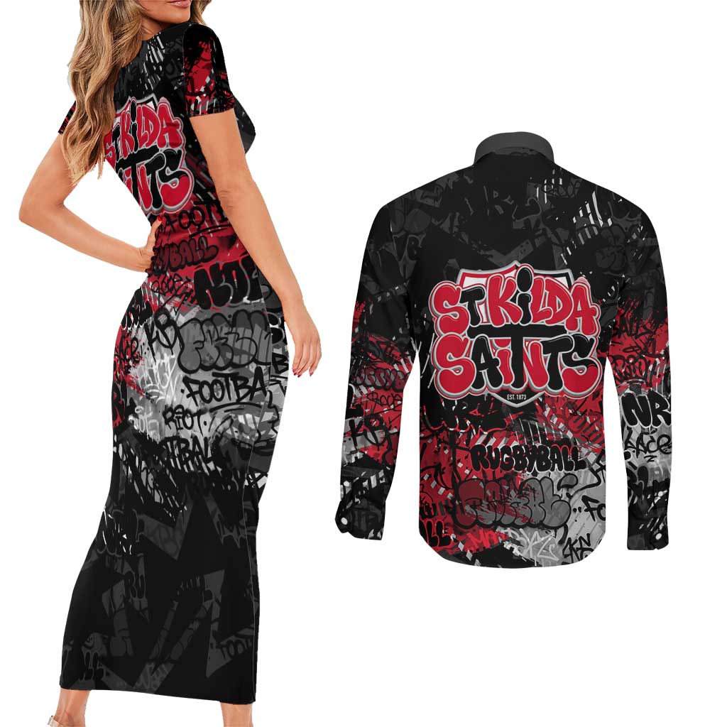 St Kilda Saints Couples Matching Short Sleeve Bodycon Dress and Long Sleeve Button Shirt Urban Graffiti Street Art - Bold Abstract Spray Paint