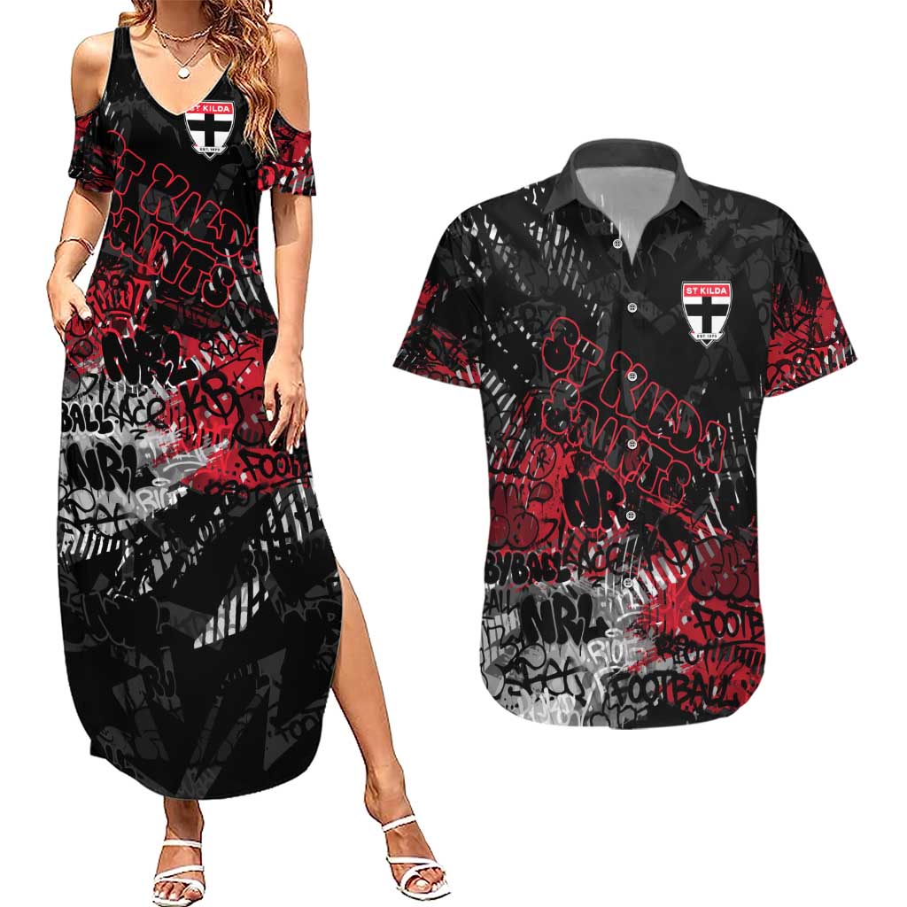 St Kilda Saints Couples Matching Summer Maxi Dress and Hawaiian Shirt Urban Graffiti Street Art - Bold Abstract Spray Paint