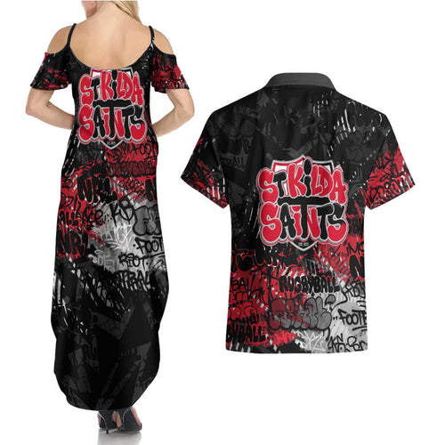 St Kilda Saints Couples Matching Summer Maxi Dress and Hawaiian Shirt Urban Graffiti Street Art - Bold Abstract Spray Paint