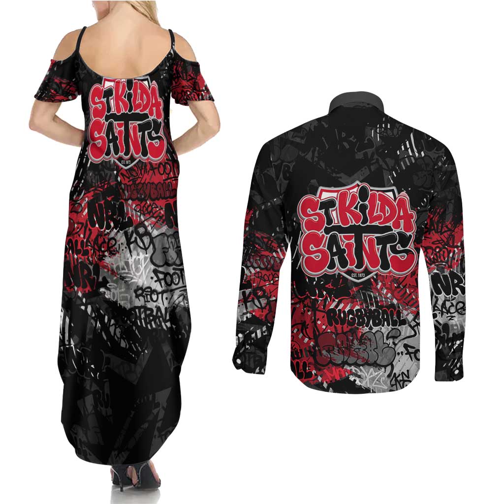 St Kilda Saints Couples Matching Summer Maxi Dress and Long Sleeve Button Shirt Urban Graffiti Street Art - Bold Abstract Spray Paint