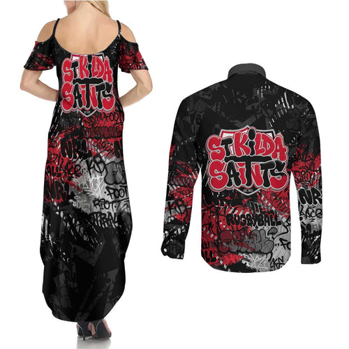 St Kilda Saints Couples Matching Summer Maxi Dress and Long Sleeve Button Shirt Urban Graffiti Street Art - Bold Abstract Spray Paint