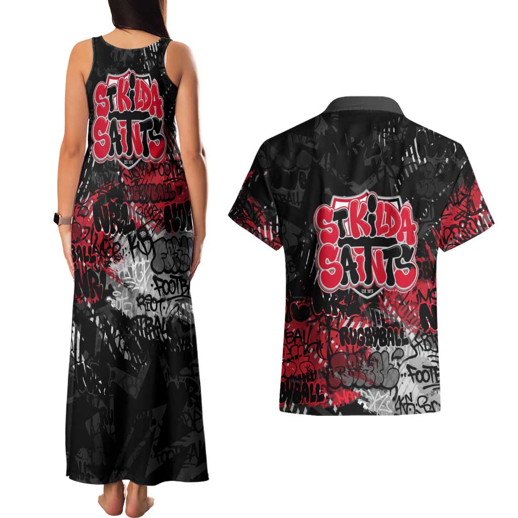 St Kilda Saints Couples Matching Tank Maxi Dress and Hawaiian Shirt Urban Graffiti Street Art - Bold Abstract Spray Paint