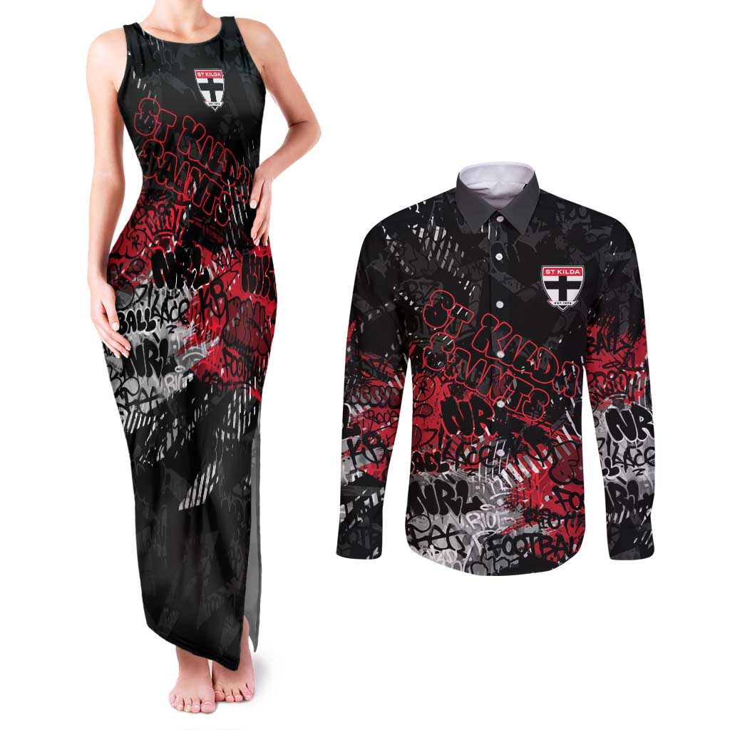 St Kilda Saints Couples Matching Tank Maxi Dress and Long Sleeve Button Shirt Urban Graffiti Street Art - Bold Abstract Spray Paint