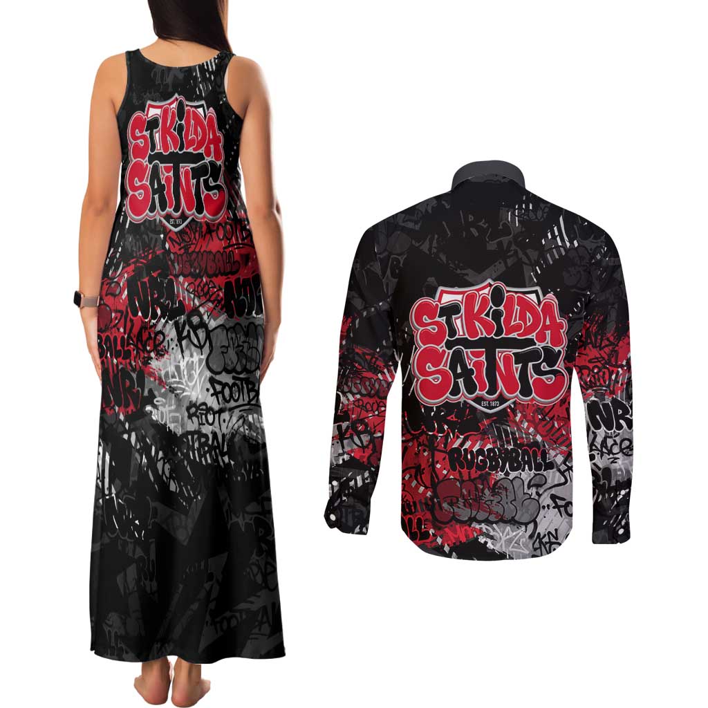 St Kilda Saints Couples Matching Tank Maxi Dress and Long Sleeve Button Shirt Urban Graffiti Street Art - Bold Abstract Spray Paint