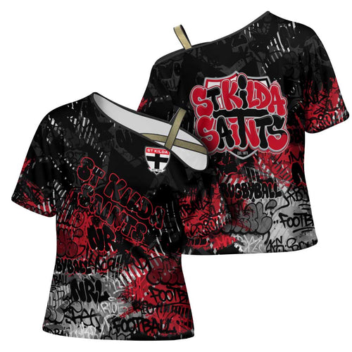 St Kilda Saints Cross Shoulder Shirt Urban Graffiti Street Art - Bold Abstract Spray Paint