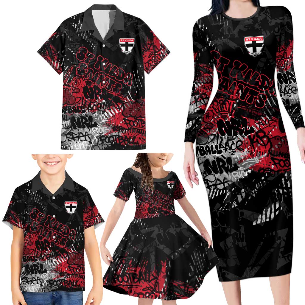 St Kilda Saints Family Matching Long Sleeve Bodycon Dress and Hawaiian Shirt Urban Graffiti Street Art - Bold Abstract Spray Paint