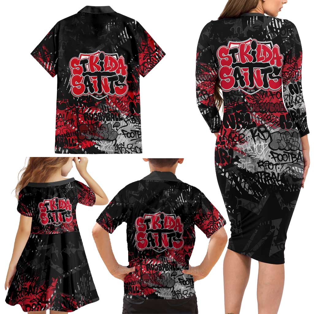 St Kilda Saints Family Matching Long Sleeve Bodycon Dress and Hawaiian Shirt Urban Graffiti Street Art - Bold Abstract Spray Paint