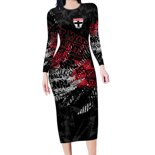 St Kilda Saints Family Matching Long Sleeve Bodycon Dress and Hawaiian Shirt Urban Graffiti Street Art - Bold Abstract Spray Paint