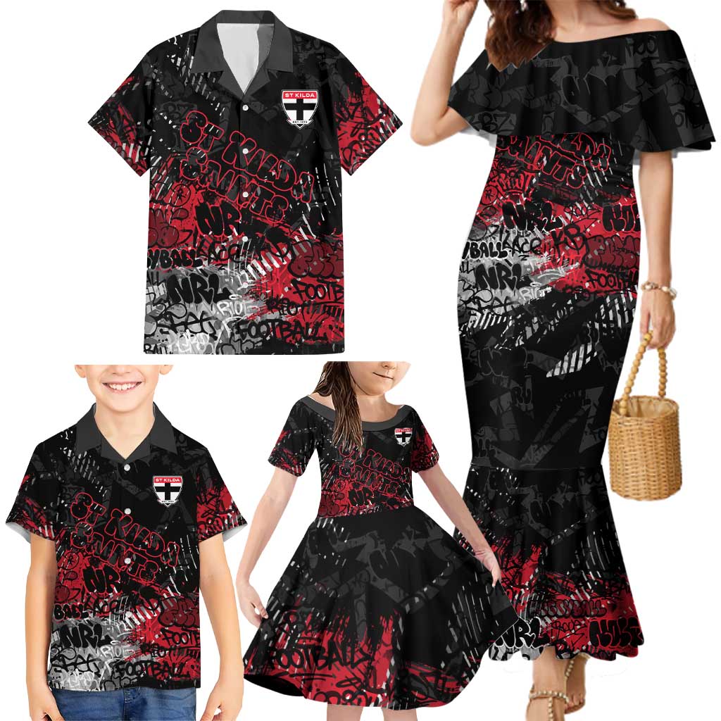 St Kilda Saints Family Matching Mermaid Dress and Hawaiian Shirt Urban Graffiti Street Art - Bold Abstract Spray Paint