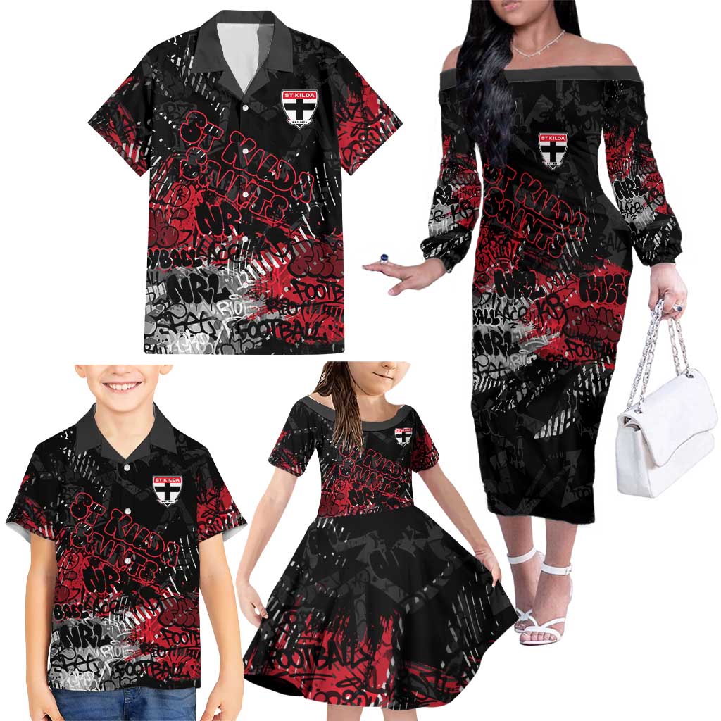 St Kilda Saints Family Matching Off The Shoulder Long Sleeve Dress and Hawaiian Shirt Urban Graffiti Street Art - Bold Abstract Spray Paint