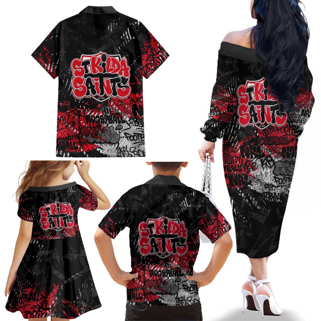 St Kilda Saints Family Matching Off The Shoulder Long Sleeve Dress and Hawaiian Shirt Urban Graffiti Street Art - Bold Abstract Spray Paint