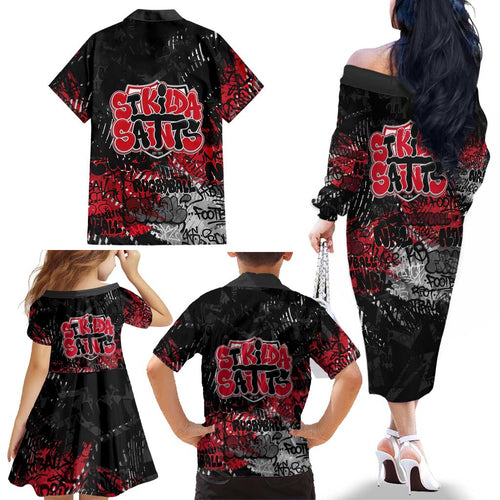 St Kilda Saints Family Matching Off The Shoulder Long Sleeve Dress and Hawaiian Shirt Urban Graffiti Street Art - Bold Abstract Spray Paint
