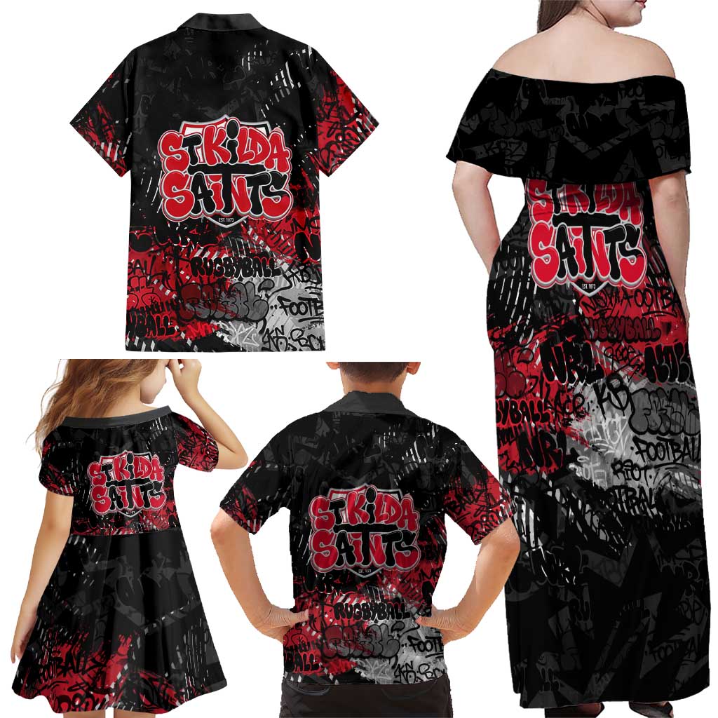 St Kilda Saints Family Matching Off Shoulder Maxi Dress and Hawaiian Shirt Urban Graffiti Street Art - Bold Abstract Spray Paint