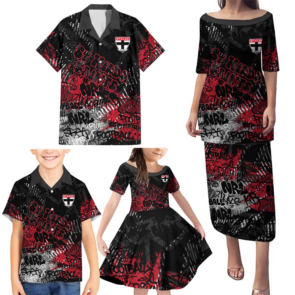 St Kilda Saints Family Matching Puletasi and Hawaiian Shirt Urban Graffiti Street Art - Bold Abstract Spray Paint