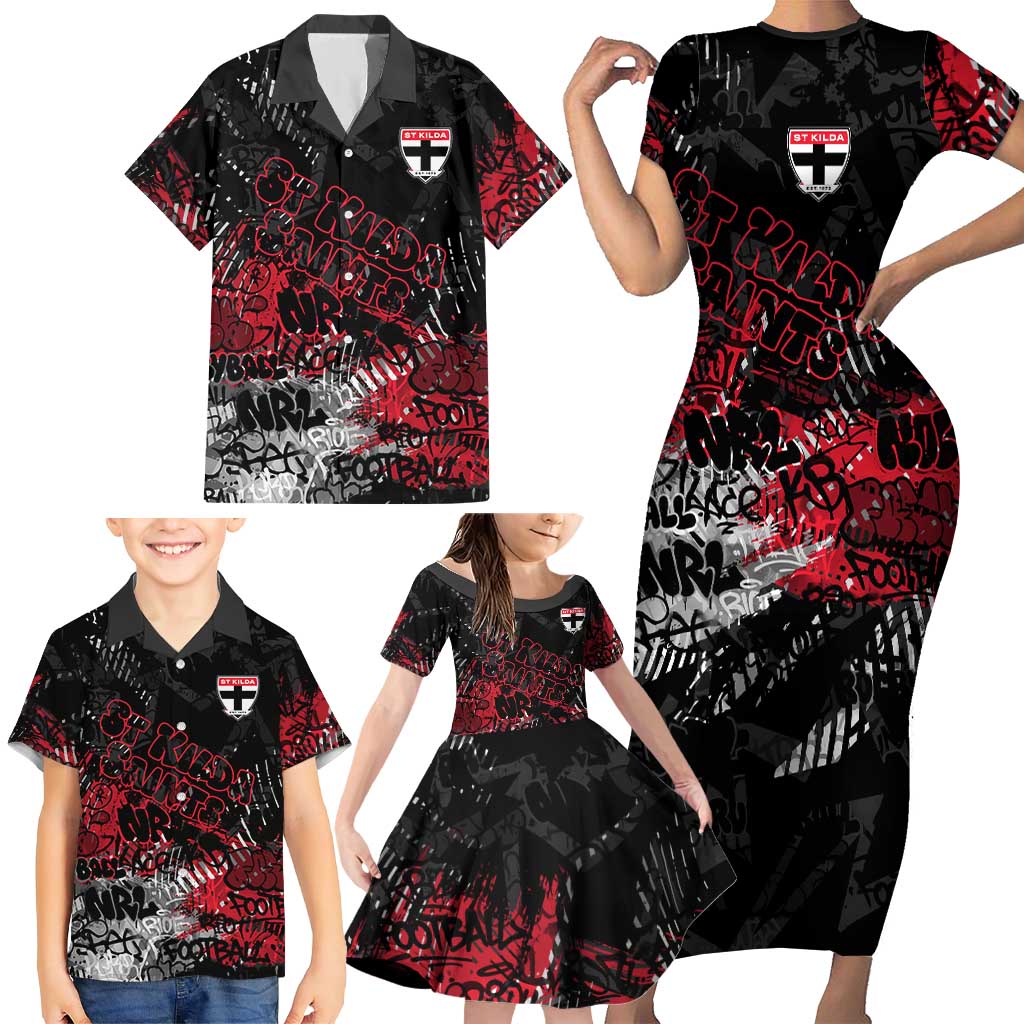 St Kilda Saints Family Matching Short Sleeve Bodycon Dress and Hawaiian Shirt Urban Graffiti Street Art - Bold Abstract Spray Paint