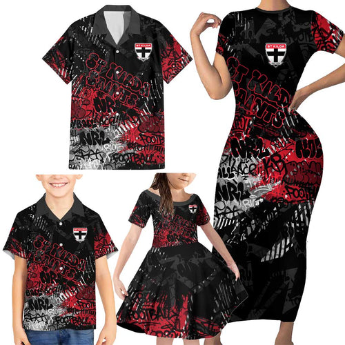 St Kilda Saints Family Matching Short Sleeve Bodycon Dress and Hawaiian Shirt Urban Graffiti Street Art - Bold Abstract Spray Paint