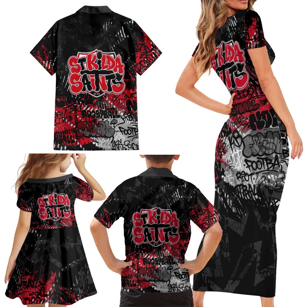 St Kilda Saints Family Matching Short Sleeve Bodycon Dress and Hawaiian Shirt Urban Graffiti Street Art - Bold Abstract Spray Paint