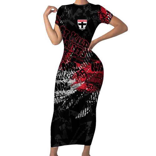St Kilda Saints Family Matching Short Sleeve Bodycon Dress and Hawaiian Shirt Urban Graffiti Street Art - Bold Abstract Spray Paint