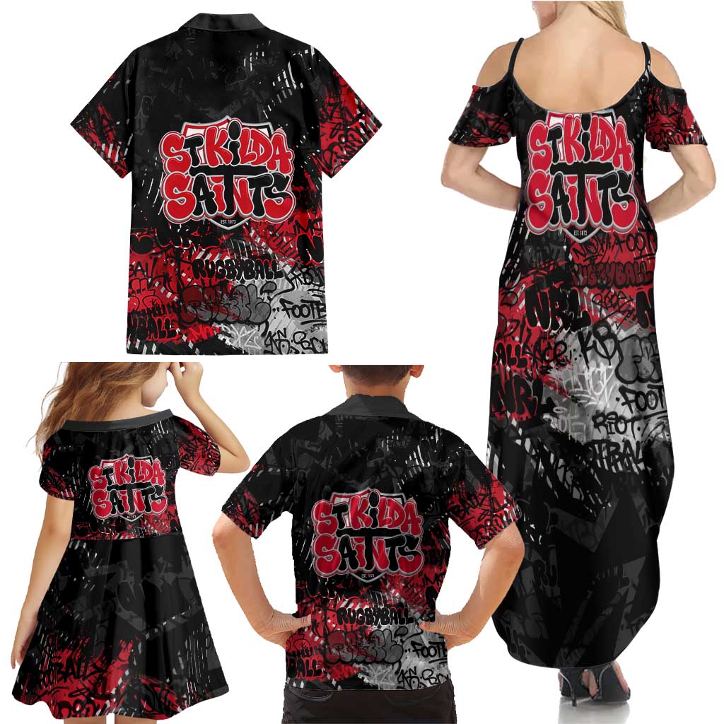 St Kilda Saints Family Matching Summer Maxi Dress and Hawaiian Shirt Urban Graffiti Street Art - Bold Abstract Spray Paint