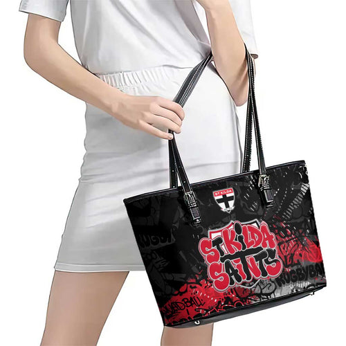 St Kilda Saints Leather Tote Bag Urban Graffiti Street Art - Bold Abstract Spray Paint