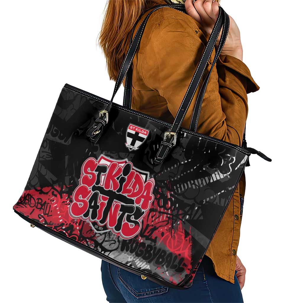 St Kilda Saints Leather Tote Bag Urban Graffiti Street Art - Bold Abstract Spray Paint